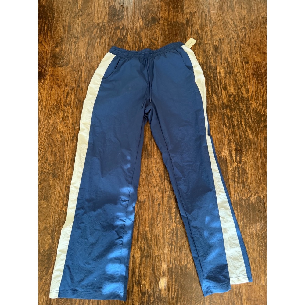 No Comment Women Blue Nylon Track Pants White Side Stripe Athletic Joggers M